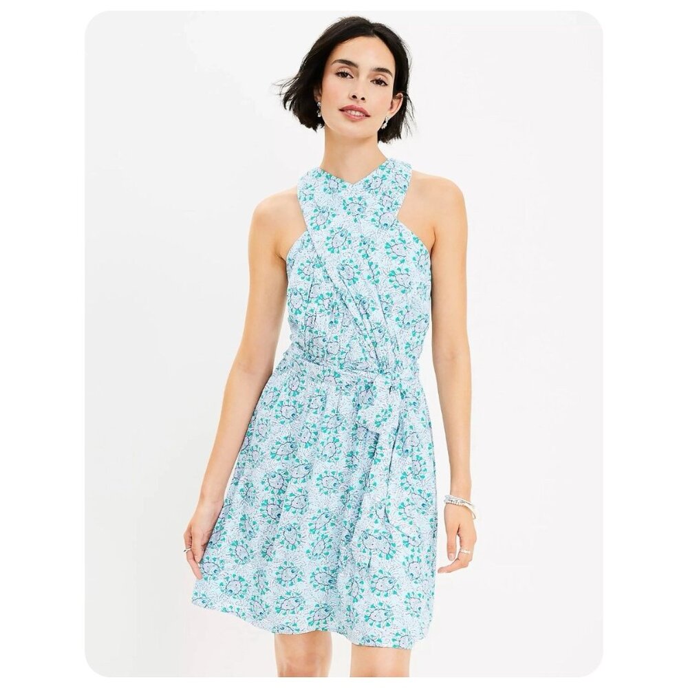 ! LOFT Blue Floral Bloom Crossover Halter Sleeveless Dress sz 6
